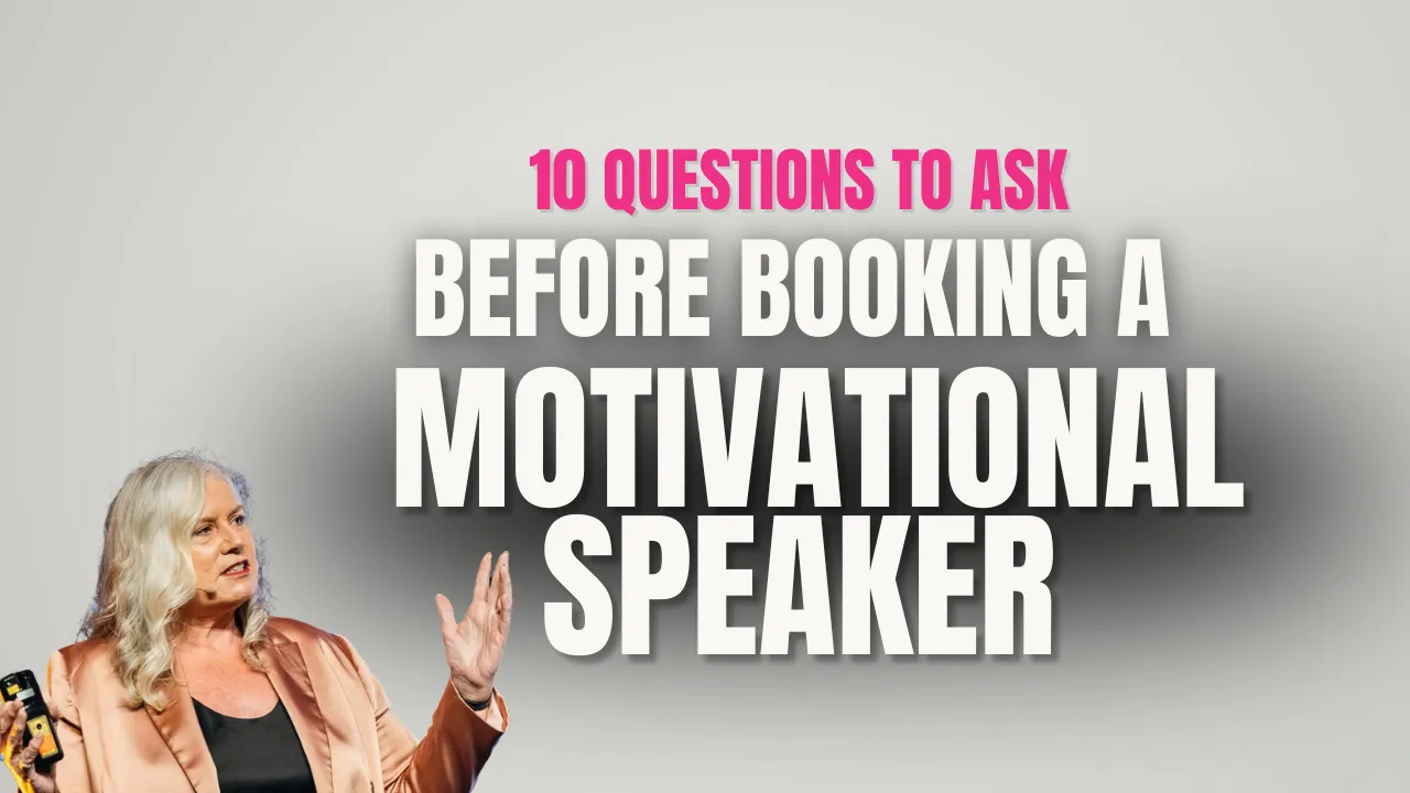 Title card reading '10 questions to ask before booking a motivational speaker', with Dr Alison Edgar MBE gesturing mid-sentence at the edge of the frame.