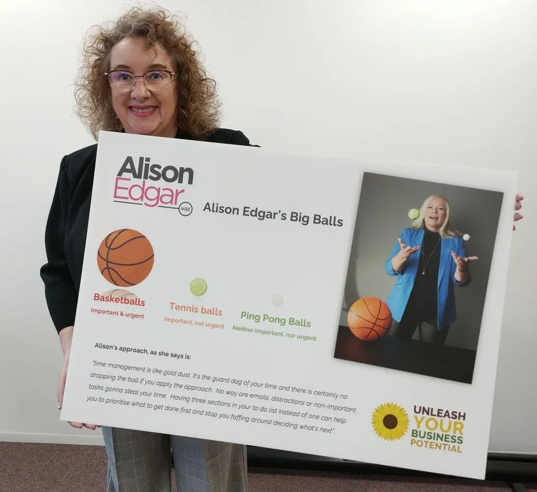 A woman holding a printed board titled ‘Alison Edgar’s Big Balls’, setting out basketballs as important and urgent, tennis balls as important but not urgent, and ping pong balls as neither.
