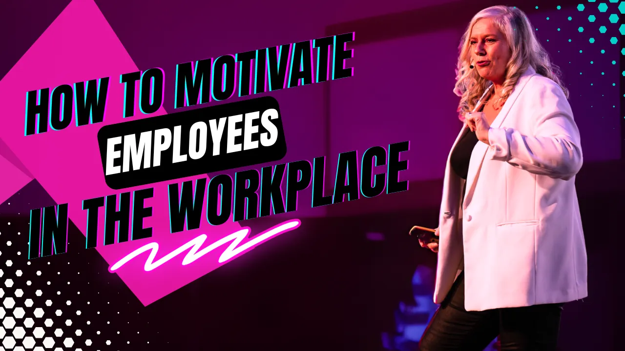 Title card reading 'How to motivate employees in the workplace', with Dr Alison Edgar MBE on a pink-lit stage in a white blazer.