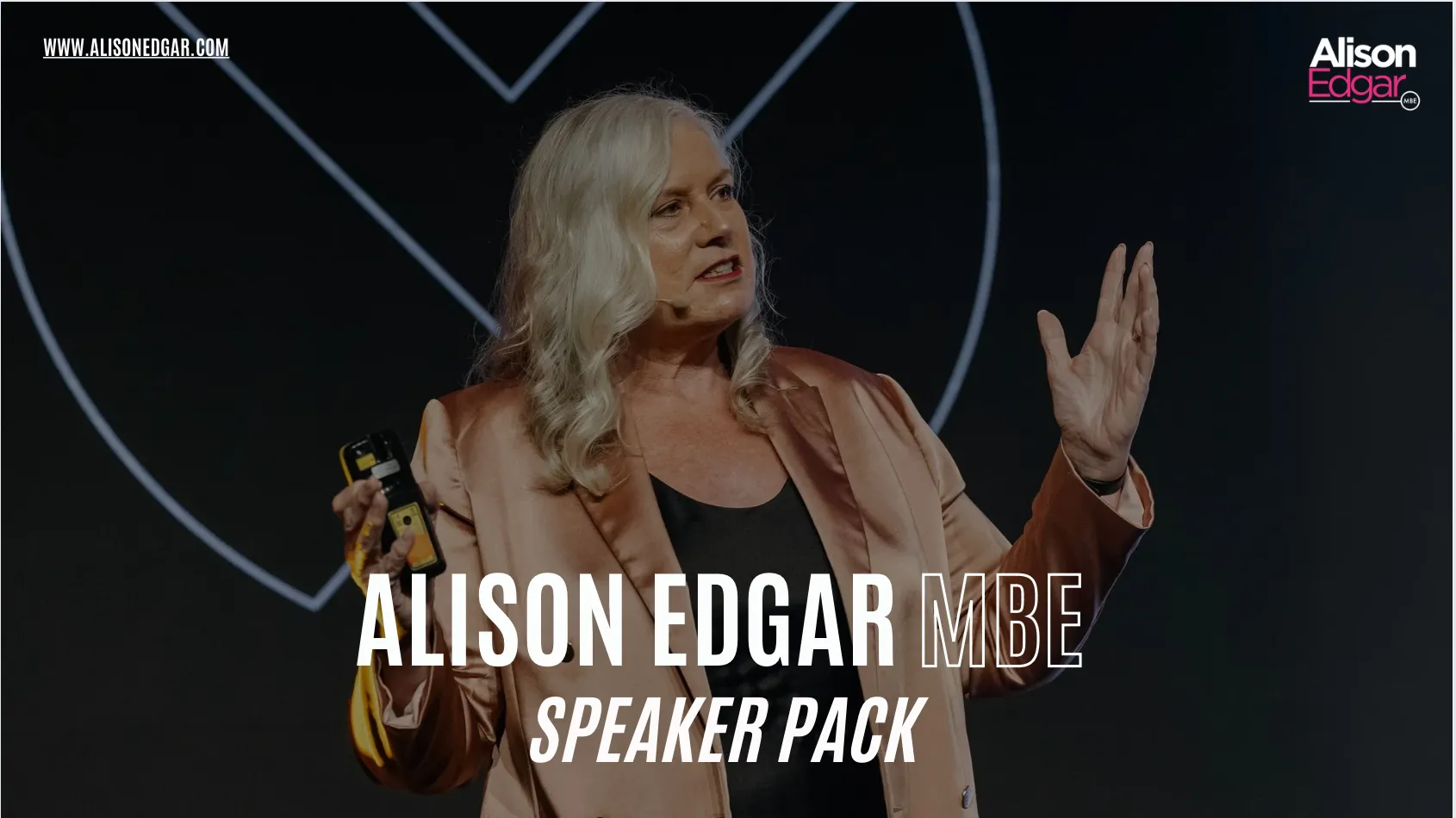 Cover of the Dr Alison Edgar MBE speaker pack, showing her mid-keynote with a hand raised, over the title ‘Alison Edgar MBE Speaker Pack’.
