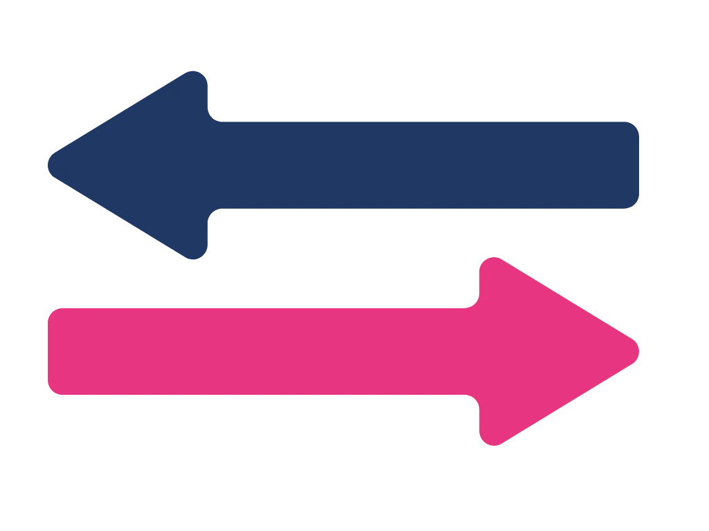 Two thick arrows pointing in opposite directions, one navy pointing left and one pink pointing right.