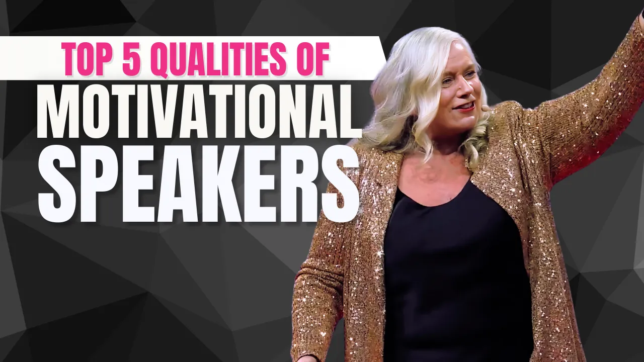 Title card reading 'Top 5 qualities of motivational speakers', with Dr Alison Edgar MBE on stage in a gold sequinned jacket.